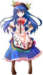 Rule 34 | 1girl, alphes (style), bare arms, black hat, blue hair, blue skirt, boots, bow, bowler hat, bowtie, brown boots, closed mouth, collared shirt, commentary request, dairi, diamond (shape), flat chest, food, fruit, full body, furrowed brow, hair between eyes, hat, hinanawi tenshi, large variant set, leaf, legs apart, long hair, long skirt, looking at viewer, parody, peach, pigeon-toed, puffy short sleeves, puffy sleeves, red bow, red bowtie, red eyes, shirt, short sleeves, skirt, solo, standing, style parody, tachi-e, touhou, transparent background, variant set, white shirt