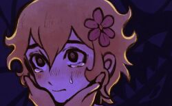 Rule 34 | 1boy, alternate eye color, basil (faraway) (omori), basil (omori), black eyes, blonde hair, blush, bright pupils, close-up, closed mouth, crying, crying with eyes open, flower, hair flower, hair ornament, highres, omori, ottie pops, short hair, solo, something (omori), tears, upper body, white pupils