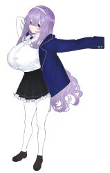1girl black_shoes black_skirt blue_jacket blush bow bowtie breasts closed_mouth collared_shirt commentary_request curly_hair dress_shirt eurasia_(wtp09ptw14) francoise_(eurasia) frilled_skirt frills full_body furrowed_brow hair_between_eyes hairband highres huge_breasts jacket lapels loafers long_hair long_sleeves miniskirt original pantyhose pleated_skirt purple_eyes purple_hair shirt shirt_tucked_in shoes simple_background skirt solo standing very_long_hair white_background white_bow white_bowtie white_hairband white_pantyhose white_shirt