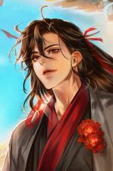 Rule 34 | 1boy, ahoge, bishounen, black hair, black hanfu, blue sky, brown hair, chinese clothes, closed mouth, coat, day, flower, grey coat, hair between eyes, hair down, hair ribbon, half updo, hanfu, korean commentary, lips, long hair, male focus, modao zushi, niken (niken ouo), official alternate costume, official alternate hairstyle, open clothes, open coat, outdoors, parted lips, red eyes, red flower, red ribbon, ribbon, robe, sidelocks, sky, smile, solo, upper body, wei wuxian, wei wuxian (yiling laozu), wind