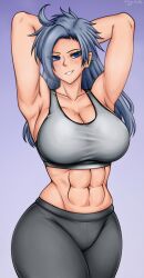 Rule 34 | 1girl, abs, alternate costume, armpits, arms behind head, arms up, black pants, blue eyes, breasts, cleavage, closed mouth, commentary, cowboy shot, english commentary, gradient background, grey tank top, groin, highres, himemushi momoyo, large breasts, long hair, looking at viewer, megamoo, messy hair, mole, mole under eye, muscular, muscular female, navel, pants, purple background, solo, tank top, touhou, twitter username