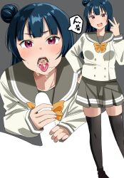 1boy 1girl blue_hair cum cum_in_mouth fellatio handjob long_hair looking_at_viewer love_live! love_live!_sunshine!! multiple_views open_mouth oral purple_eyes school_uniform simple_background standing tsushima_yoshiko yorunoudonya
