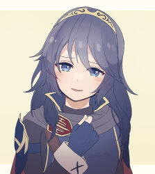 1girl :d absurdres armor blue_eyes blue_gloves brand_of_the_exalt cape fingerless_gloves fire_emblem fire_emblem_awakening gloves highres kyashii_(cathyyy_illust) long_hair long_sleeves looking_at_viewer lucina_(fire_emblem) nintendo open_mouth red_cape shoulder_armor simple_background smile solo symbol_in_eye tiara upper_body