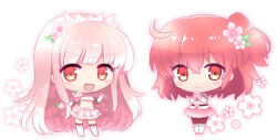 2girls ahoge blush_stickers cherry_blossoms chibi chibi_only commentary_request fate/grand_order fate_(series) flower fujimaru_ritsuka_(female) fukumitsu_(kirarirorustar) holding holding_flower holding_whip looking_at_viewer medb_(fate) midriff multiple_girls navel no_nose one_side_up open_mouth pink_hair pink_skirt red_eyes shirt skirt white_shirt