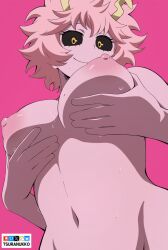 1girl ashido_mina black_sclera boku_no_hero_academia breasts closed_mouth colored_sclera colored_skin commentary completely_nude cropped_torso english_commentary from_below grabbing_own_breast horns large_breasts medium_hair navel nipples nude paid_reward_available pink_background pink_hair pink_skin simple_background smile solo tsuranukko upper_body wet yellow_eyes