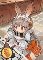 1girl absurdres animal_ears arknights brown_hair commentary_request dido_(di_do_di_do) food frilled_hairband frills frying_pan hairband highres holding indoors long_hair long_sleeves orange_eyes orange_skirt puffy_long_sleeves puffy_sleeves ribbon-trimmed_hairband shirt skirt solo spatula stove striped_clothes striped_skirt vertical-striped_clothes vertical-striped_skirt very_long_hair warmy_(arknights) white_hairband white_shirt