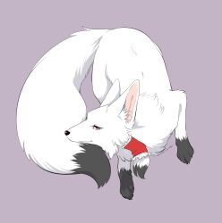 animal animal_ear_fluff animal_ears animal_focus animalization closed_mouth commentary_request dated fox fox_ears frilled_hair_tubes frills hair_tubes hakurei_reimu hakurei_reimu_(fox) highres looking_at_viewer min.k no_humans purple_background red_eyes signature simple_background smile tail touhou white_fur