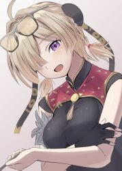 1girl ahoge black_dress blonde_hair china_dress chinese_clothes crossed_arms dress eyewear_on_head fingerless_gloves gloves hair_over_one_eye highres lelie_(lelie_link) open_mouth orange-tinted_eyewear purple_eyes single_fingerless_glove sweety_(zenless_zone_zero) tinted_eyewear upper_body yellow-tinted_eyewear zenless_zone_zero