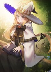 1girl absurdres aesc_(fate) aesc_(rain_witch)_(fate) black_dress blonde_hair book bow bowtie braid breasts brooch cloak dress fate/grand_order fate_(series) glasses gold_trim green_eyes grin hat highres jewelry log long_hair long_sleeves looking_at_viewer pen_guinnn_dess ponytail round_eyewear sitting smile solo two-tone_dress white_cloak white_dress white_hat wide_sleeves witch_hat