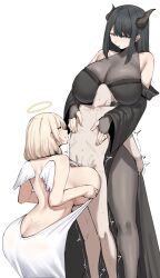 1boy 2girls age_difference angel bare_shoulders black_dress breast_smother breasts butt_crack demon_girl dress face_to_breasts femdom hetero highres huge_breasts long_hair mature_female multiple_girls narodenden onee-shota original paizuri pantyhose shota size_difference sleeveless sleeveless_dress smother twitching