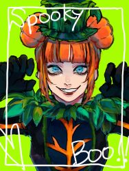 Rule 34 | 1girl, animification, blue eyes, disneyland, double bun, dress, hair bun, halloween, halloween bucket, halloween costume, hat, highres, lips, long hair, looking at viewer, open mouth, orange hair, pandoraboxjouker, simple background, smile, solo