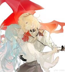 Rule 34 | 2girls, absurdres, bang dream!, bang dream! it&#039;s mygo!!!!!, black gloves, blonde hair, blue hair, cape, chinese commentary, closed eyes, closed mouth, commentary request, epaulettes, gloves, grey skirt, hair ribbon, hand on another&#039;s waist, highres, jacket, laurel crown, long hair, long sleeves, looking at another, misumi uika, multiple girls, one side up, parted lips, purple eyes, red cape, ribbon, shirt, simple background, skirt, togawa sakiko, watermark, weibo watermark, white background, white jacket, white ribbon, white shirt, yi chuan xian hua, yuri