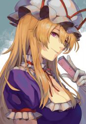 1girl breasts choker cleavage closed_mouth dress elbow_gloves folding_fan frilled_choker frills from_side gloves hand_fan hat hat_ribbon highres holding holding_fan large_breasts long_hair looking_at_viewer mob_cap onionmay puffy_short_sleeves puffy_sleeves purple_dress purple_eyes red_ribbon ribbon short_sleeves sidelocks solo touhou upper_body white_gloves white_hat yakumo_yukari