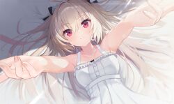 1girl armpits atri atri-my_dear_moments- bare_arms bare_shoulders black_bow black_ribbon blush bow breasts buttons collarbone commentary_request doruzou18 dress dress_bow dutch_angle eyes_visible_through_hair fingernails foreshortening frilled_dress frills from_above hair_between_eyes hair_intakes hair_ribbon hair_spread_out highres incoming_hug light_brown_hair long_hair looking_at_viewer lying medium_breasts official_alternate_costume on_back on_bed outstretched_arms parted_lips pov reaching reaching_towards_viewer red_eyes revision ribbon sleeveless sleeveless_dress smile solo spaghetti_strap tsurime two_side_up upper_body very_long_hair white_dress