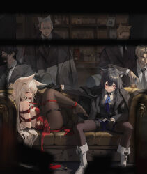 2girls animal_ear_fluff animal_ears arknights ball_gag bdsm black_gloves black_hair black_jacket bondage boots bound captured couch gag gloves gun highres holding holding_sword holding_weapon jacket leviathan_(hikinito0902) mafia multiple_girls oc_x_canon orange_eyes pantyhose red_eyes red_rope rope shibari shibari_over_clothes sword texas_(arknights) texas_the_omertosa_(arknights) weapon white_hair