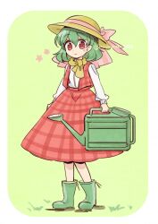 ascot boots closed_umbrella green_boots green_hair highres kazami_yuuka neckerchief open_clothes open_vest parasol plaid_clothes plaid_skirt plaid_vest red_eyes red_vest rubber_boots short_hair skirt skirt_set smile tama_(hiroshige_36) touhou umbrella vest watering_can yellow_ascot