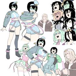 1boy 6+girls ahoge anger_vein animal_ears asymmetrical_legwear black_boots black_eyes black_hair black_mask blank_eyes blonde_hair bloomers blue-framed_eyewear blue_hairband boots braid breasts brown_jacket closed_eyes colored_sclera colored_skin commentary crop_top denim denim_shorts dress english_commentary expressionless fox_ears frilled_dress frills furry furry_female glasses glowstick goggles goggles_around_neck green_hair green_skin grey_shrug hachimaki hair_between_eyes hairband hat headband heart heart_hands high-waist_shorts highres holding holding_glowstick idol jacket jiangshi magical_girl mask_pull medium_breasts medium_hair micro_bra midriff military_hat mini_hat multicolored_hair multiple_girls multiple_persona ofuda open_mouth original penlight_(glowstick) piercing pink-framed_eyewear pink_eyes qingdai_guanmao robot_girl roots_(hair) short_shorts shorts shrug_(clothing) sidelocks single_braid single_sleeve skindentation smile star-shaped_pupils star_(symbol) star_hairband sticker_on_face suspenders_hanging sweat symbol-shaped_pupils thigh_strap thighhighs tiara tongue tongue_out tongue_piercing torn_clothes torn_shorts underwear white_bloomers white_hair white_headband white_thighhighs yblndr yellow_sclera zettai_ryouiki