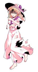 1girl barefoot blonde_hair bow commentary_request dairi dress full_body hat hat_bow highres large_variant_set long_hair looking_at_viewer louise_(touhou) neckerchief open_mouth purple_bow purple_neckerchief shaded_face short_sleeves solo standing sweatdrop torn_bow torn_clothes torn_dress torn_neckerchief touhou touhou_(pc-98) transparent_background variant_set white_dress white_hat yellow_eyes
