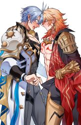 2boys abs absurdres antenna_hair arm_tattoo armlet armor armored_boots aroused_nosebleed artist_name black_choker black_coat black_pants black_shirt blonde_hair blue_cape blue_eyes blush boots braid cape chest_tattoo choker clawed_gauntlets coat commentary_request earrings facial_tattoo from_side gold_earrings gold_necklace gradient_hair hair_between_eyes highres honkai:_star_rail honkai_(series) jewelry large_pectorals looking_at_another male_focus medium_hair multicolored_hair multiple_boys mydei_(honkai:_star_rail) necklace open_clothes open_coat open_mouth pants pauldrons pectorals phainon_(honkai:_star_rail) profile red_cape red_hair red_tattoo shirt short_hair shoulder_armor side_braid simple_background single_pauldron surprised sweat tattoo thigh_strap toned toned_male utimkg white_background white_coat white_hair yaoi yellow_eyes