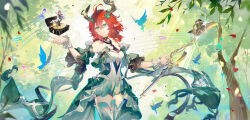1girl absurdres bare_shoulders breasts chinese_commentary ciaccona_(wuthering_waves) commentary_request dress green_eyes green_jacket green_thighhighs hair_between_eyes hand_up highres holding holding_microphone_stand jacket medium_breasts medium_hair microphone_stand musical_note pointy_ears qianqianjie red_hair solo tacet_mark_(wuthering_waves) thighhighs thighs tree_horns white_dress wuthering_waves