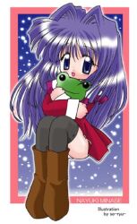 Rule 34 | 1girl, 2000s (style), bad id, black thighhighs, blue eyes, boots, brown boots, character name, dress, full body, hair intakes, kanon, long hair, lowres, minase nayuki, open mouth, panties, panty peek, purple hair, red dress, sitting, smile, snowing, solo, sou ryuu, thighhighs, underwear, white panties