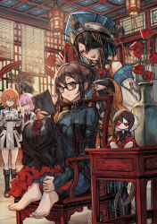 Rule 34 | 1boy, 4girls, absurdres, ahoge, bare shoulders, barefoot, black dress, black footwear, black hair, black shirt, blue hat, book, breasts, bridal gauntlets, brown eyes, brown hair, brushing hair, chair, chaldea uniform, character doll, chinese clothes, choker, comb, cup, doll, dress, earrings, fate/grand order, fate (series), flower, fujimaru ritsuka (female), fujimaru ritsuka (female) (decisive battle chaldea uniform), glasses, gloves, grey jacket, hair between eyes, hair ornament, hair over one eye, hair stick, hat, highres, holding, holding book, holding comb, holding tray, jacket, jewelry, lattice, long hair, long sleeves, mash kyrielight, medium breasts, mole, mole under eye, multiple earrings, multiple girls, multiple piercings, necktie, official alternate costume, on chair, orange eyes, orange hair, piercing, pink hair, reading, red eyes, red flower, red necktie, ribbon-trimmed dress, ribbon trim, robe, sabamiso taro, shirt, short hair, sitting, small breasts, smile, straight hair, tassel, tray, twintails, vase, vertical-striped bodysuit, very long hair, white dress, white robe, wide sleeves, xiang yu (fate), xu fu (fate), xu fu (first ascension) (fate), yellow eyes, yu mei-ren (fate), yu mei-ren (first ascension) (fate)
