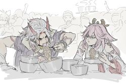 Rule 34 | 1girl, 3boys, 6+others, absurdres, animal ears, arataki itto, arm up, bare shoulders, belt, black nails, body markings, bowl, bracelet, breasts, brooch, choker, chopsticks, clenched hand, closed eyes, closed mouth, competition, detached sleeves, dog boy, dog ears, earrings, eating, facial hair, facial mark, fangs, food, fox ears, fox girl, genshin impact, gold earrings, gorou (genshin impact), grey hair, hair between eyes, hand up, headpiece, headscarf, highres, holding, holding chopsticks, holding tray, horns, jacket, japanese clothes, jewelry, kinbaronbunny, large breasts, long hair, long sleeves, looking at another, looking at food, looking down, multicolored hair, multiple boys, multiple others, mustache, nail polish, nontraditional miko, noodles, oni, open clothes, open jacket, open mouth, pink eyes, pink hair, purple jacket, red hair, saucepan, shirt, short sleeves, sidelocks, simple background, sitting, sleeveless, sleeveless shirt, smile, spiked bracelet, spikes, standing, steam, streaked hair, table, teeth, tray, turtleneck, turtleneck shirt, v-shaped eyebrows, white background, white shirt, white sleeves, yae miko