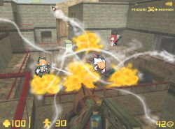 3girls animal_ear_headphones animal_ears black_footwear black_shorts black_skirt blonde_hair blue_archive blue_bow bow chibi commentary crossfire crowbar day english_commentary explosion faceless faceless_female fake_animal_ears flying_sweatdrops game_screenshot_background gameplay_mechanics guin_guin gun hair_bow half-life half-life_(series) half-life_1 headphones heads-up_display holding holding_crowbar holding_gun holding_weapon jacket long_hair midori_(blue_archive) momoi_(blue_archive) multiple_girls outdoors pleated_skirt red_hair rocket rocket_launcher screenshot_background shirt shoe_soles shorts skirt trembling user_interface very_long_hair weapon white_jacket white_shirt yuzu_(blue_archive)