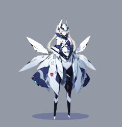 1girl absurdres armor blonde_hair blue_eyes full_body grey_background highres jhcrow3 long_hair looking_at_viewer mecha_musume mechanical_wings original shadow simple_background solo twintails variant_set wings