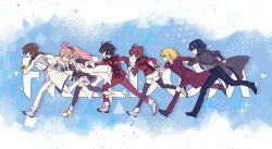 3boys 3girls absurdres ahoge athrun_zala black_hair black_pants black_thighhighs blonde_hair blue_eyes blue_hair brown_hair cagalli_yula_athha company_connection compass_uniform formal_clothes green_eyes grey_jacket gundam gundam_gquuuuuux gundam_seed gundam_seed_freedom haro highres jacket kira_yamato lacus_clyne lunamaria_hawke military_uniform multiple_boys multiple_girls pant_suit pants pink_hair ponytail purple_eyes red_eyes red_hair running scene_reference shinn_asuka shiro_kunugi suit sunrise thighhighs yellow_eyes