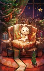 Rule 34 | ahoge, animal, animal focus, antlers, armchair, artist request, bell, bow, bowtie, brown cloak, brown eyes, carpet, castle, cat, chair, christmas, christmas tree, cloak, clothed animal, cup, curtains, drink, drinking glass, drinking straw, ear covers, fake antlers, fur-trimmed hood, fur trim, game cg, gift, happy, highres, holding, holding drink, hood, hood up, hooded cloak, horns, ice, ice cube, indoors, looking at viewer, momo (nikki), neck bell, night, night sky, nikki (series), no humans, official alternate costume, official art, on chair, open mouth, pawpads, pile, pillow, reindeer antlers, shawl, shining nikki, sitting, sky, smile, snowflake print, snowing, star (symbol), tea, tile floor, tiles, town, whiskers, white bow, white bowtie, white cat, white shawl, window