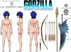 1girl arrow_(projectile) artist_request ass blue_eyes blue_hair bow bow_(weapon) breasts concept_art dagger godzilla_(series) highres knife legendary_pictures legs monsterverse mutant_(godzilla) nude polearm saegusa_miki_(godzilla) scar short_hair spear sword toho tribal warner_bros weapon