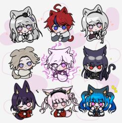amemiya_darumi animal_ears aotsuki_eito black_bow black_hair black_skirt blue_hair bow cat_ears cat_tail chibi dog_tail face_piercing fox_ears fox_tail grey_background hands_on_own_face heart kashimiya_karua kirifuji_nozomi lip_piercing multicolored_hair no_pupils one_eye_closed open_mouth piercing pink_eyes shion_(hundred_line) shirt shizuhara_hiruko skirt striped_clothes striped_shirt sumino_takumi tail the_hundred_line_-last_defense_academy the_hundred_line_-last_defense_academy- tsukumo_ima tsukumo_kako twintails upper_body