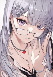 1girl adjusting_eyewear black_nails black_necktie blunt_bangs bracelet breasts chain chain_necklace cleavage collarbone glasses grey_hair hair_ornament hairclip hayate_(zattape) heart heart_hair_ornament heart_pendant jewelry long_hair long_sleeves looking_at_viewer mole mole_under_eye mole_under_mouth nail_polish necklace necktie original parted_lips pendant purple_eyes shirt simple_background solo white_background zattape