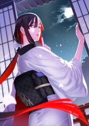 Rule 34 | architecture, black sash, blunt ends, brown hair, cloud, colored inner hair, cowboy shot, dutch angle, east asian architecture, fate/grand order, fate (series), finger to mouth, floating hair, from behind, full moon, game cg, hair over one eye, hair ribbon, hands up, index finger raised, japanese clothes, kimono, lips, long hair, long sidelocks, long sleeves, looking at viewer, looking back, low ponytail, miss crane (fate), miss crane (third ascension) (fate), moon, multicolored hair, night, night sky, obi, obiage, obijime, official art, parted lips, petals, ponytail, purple eyes, red hair, ribbon, sash, shaka p, shouji, shushing, sidelocks, sky, sliding doors, third-party source, very long hair, white kimono, white ribbon, wide sleeves