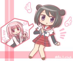 3girls :o bad_id bad_twitter_id black_hair blunt_bangs blush braid brown_shoes closed_mouth collared_shirt cosplay double_bun dress hair_bun kamihama_university_affiliated_school_uniform kuroe_(madoka_magica) layered_sleeves long_hair long_sleeves looking_at_viewer low_ponytail magia_record:_mahou_shoujo_madoka_magica_gaiden mahou_shoujo_madoka_magica multiple_girls neck_ribbon pink_eyes pink_hair pink_ribbon plaid_clothes plaid_skirt pleated_skirt ponytail purple_eyes red_sailor_collar red_skirt reverse_(bluefencer) ribbon sailor_collar school_uniform serafuku shirt shoes short_hair short_over_long_sleeves short_sleeves siblings sidelocks sisters skirt smile star_(symbol) swept_bangs tamaki_iroha tamaki_ui twitter_username white_shirt wings