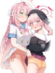 2girls ahoge ass assertive_female assisted_exposure beret black_hat black_shirt black_wings blue_archive blue_sailor_collar blush bow bowtie braid breasts bright_pupils choppy_bangs clothes_lift commentary_request cowboy_shot double-parted_bangs embarrassed emblem green_eyes hair_between_eyes hair_bow hair_over_shoulder halo hanako_(blue_archive) hat head_wings highres koharu_(blue_archive) large_breasts lifting_another&#039;s_clothes long_bangs long_hair long_sleeves looking_at_another looking_at_viewer low_wings ma_tsukasa mini_wings miniskirt multiple_girls neckerchief no_nose nose_blush off_shoulder open_mouth panties pink_bow pink_bowtie pink_eyes pink_hair pink_halo pink_neckerchief pink_panties pleated_skirt polka_dot polka_dot_panties purple_skirt raised_inner_eyebrows sailor_collar school_uniform serafuku shirt side-tie_panties sidelocks simple_background single_braid skirt skirt_lift small_breasts smile standing straight_hair twintails underwear very_long_hair wavy_hair wavy_mouth white_background white_bow white_pupils white_sailor_collar white_serafuku white_shirt white_skirt wings yellow_panties yuri
