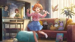 bird black_hair brown_hair chair couch crown food game_cg holding holding_microphone idolmaster idolmaster_million_live! idolmaster_million_live!_theater_days leaf magazine_(object) microphone official_art one_eye_closed one_leg_raised open_mouth orange_hair pink_hair skirt stuffed_animal stuffed_toy table teddy_bear yabuki_kana yellow_eyes