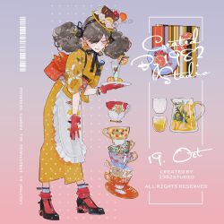 1girl animal_print ankle_ribbon apron artist_name barcode black_ribbon black_shoes block_heels blue_eyes blueberry bobby_socks bracelet bright_pupils brown_hair chin_strap chinese_commentary cup cup_stack curly_hair drinking_glass drinking_straw earrings fang fish_print flower food food-themed_earrings food-themed_hat_ornament food_themed_earrings fruit full_body gloves gradient_background grey_background hair_over_one_eye hair_ribbon hat hat_flower hat_ornament herb high_heels highres holding holding_plate japanese_clothes jewelry jug_(bottle) kimono layered_legwear leaning_forward leg_ribbon lemon lemon_slice lemonade looking_at_viewer macaron meringue mini_hat mini_top_hat nickel_nike obi open_mouth orange-shaped_earrings orange_(fruit) orange_sash orange_slice original pink_background placemat plate polka_dot polka_dot_kimono print_kimono pumps raspberry red_gloves red_socks ribbon sash saucer shoes skin_fang socks solo standing swept_bangs tasuki teacup tilted_headwear top_hat twintails waist_apron waitress whipped_cream white_apron white_pupils yellow_kimono