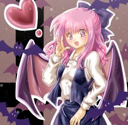 1girl bat_(animal) bow buttons demon_wings hair_bow hair_ornament hand_on_own_hip heart highres long_sleeves medium_hair misaki_(originalsin) pink-haired_makai_resident_(touhou) pink_hair purple_eyes shirt skirt smile touhou touhou_(pc-98) vest w wings