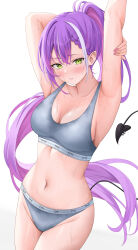 1girl absurdres arms_up bra breasts clothes_writing commentary demon_tail grey_bra grey_panties high_ponytail highres hololive long_hair medium_breasts multicolored_hair navel navel_piercing panties piercing pointy_ears ponytail purple_hair shinigami_kiraki simple_background solo stomach streaked_hair symbol-only_commentary tail tail_ornament tail_ring tokoyami_towa underwear very_long_hair virtual_youtuber white_background