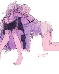 2girls ahoge amane_(7783) barefoot black_shirt blush braid closed_eyes commentary_request dated ear_blush earrings grey_eyes highres hoshi_syoko idolmaster idolmaster_cinderella_girls jewelry licking licking_another&#039;s_face linked_piercing long_hair multiple_girls off_shoulder open_mouth piercing shirasaka_koume shirt side_braid signature single_off_shoulder sweater thighs white_hair white_sweater yuri