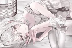 1girl bare_arms bare_legs choker closed_mouth commentary dress flower frilled_choker frilled_dress frills hair_between_eyes hands_up highres looking_afar lying medium_hair on_side original own_hands_together pink_eyes solo toro_runo vase white_choker white_dress white_flower white_hair