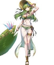 Rule 34 | 1girl, adjusting clothes, adjusting headwear, bikini, blue nails, breasts, cleavage, criss-cross halter, female focus, fire emblem, fire emblem echoes: shadows of valentia, fire emblem heroes, flower, full body, green bikini, green eyes, green hair, green nails, hair flower, hair ornament, halterneck, hat, highres, jewelry, long hair, looking at viewer, matching hair/eyes, medium breasts, multicolored nails, nail polish, navel, nintendo, non-web source, official alternate costume, official art, palla (fire emblem), palla (summer) (fire emblem), palm leaf, pink nails, sandals, sarong, see-through clothes, see-through sarong, smile, solo, straw hat, sun hat, swimsuit, tachi-e, thighlet, toenail polish, toenails