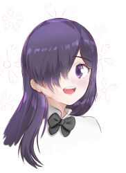 1girl black_bow bow burn_scar commentary eyelashes hair_over_one_eye hanawizu highres ikezawa_hanako katawa_shoujo long_hair open_mouth purple_hair scar scar_on_face scar_on_neck simple_background smile solo teeth upper_teeth_only white_background