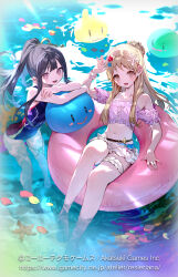 Rule 34 | 2girls, :d, afloat, arm up, atelier (series), atelier resleriana, atelier totori, bikini, bikini under clothes, black hair, blonde hair, blue one-piece swimsuit, brown hair, bukurote, commentary request, copyright notice, cropped shirt, flower, frilled thigh strap, full body, hair flower, hair ornament, highres, innertube, long hair, looking at viewer, microskirt, mimi houllier von schwarzlang, multiple girls, navel, official art, one-piece swimsuit, open mouth, outdoors, partially submerged, petals, petals on liquid, pink shirt, ponytail, puni (atelier), purple eyes, shirt, sitting, skirt, smile, sunlight, swim ring, swimsuit, thigh strap, totooria helmold, water, wrist cuffs