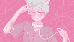alien_stage animal_ear_fluff animal_ears black_nails black_shirt blush bow buttons cat_ears closed_mouth collar collarbone frilled_shirt frills gauze gauze_on_arm gauze_on_cheek green_eyes green_hair holding holding_leash leash leash_pull looking_to_the_side pink_background rinrin_(wuvpyon) shirt short_hair short_sleeves solo tears till_(alien_stage) upper_body white_bow white_collar