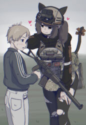 1boy 1girl action_camera age_difference animal_ears as_val assault_rifle b1-517 black_eyes blush brown_hair cat_ears chin_strap fake_animal_ears fake_tail gun headpat heart helmet highres kalashnikov_rifle leggings load_bearing_vest marusha_(b1-517) military_combat_uniform military_uniform onee-shota original ribbon ribbon_of_saint_george rifle russian_flag russian_ground_forces scar scar_on_hand sniper_rifle standing tail tail_ornament tail_ribbon torn_clothes torn_leggings track_suit twintails video_camera weapon z_(russian_symbol)