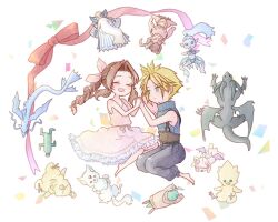 1boy 1girl aerith_gainsborough aqua_eyes baggy_pants bahamut_(final_fantasy) bare_arms bare_shoulders barefoot belt blonde_hair blue_pants bluelimbo8888 blush bow braid braided_ponytail breasts brown_belt brown_hair carbuncle_(final_fantasy) chibi chocobo closed_eyes cloud_strife dragon dress fat_chocobo final_fantasy final_fantasy_vii final_fantasy_vii_remake hair_ribbon holding_hands ifrit_(final_fantasy) kneeling leviathan_(final_fantasy) long_hair looking_at_another moogle multiple_belts open_mouth pants parted_bangs pink_dress pink_ribbon ramuh red_bow ribbon sabotender shiva_(final_fantasy) short_hair sidelocks sleeveless sleeveless_dress sleeveless_turtleneck small_breasts smile spiked_hair square_enix suspenders tonberry turtleneck