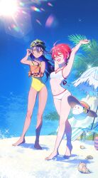 Rule 34 | 2girls, amate yuzuriha, armpits, arms up, baseball cap, beach, beach chair, bikini, black hair, breasts, closed eyes, conch (gundam), eyewear on headwear, full body, green hat, gundam, gundam gquuuuuux, haro, hat, highres, kbpnysz, long hair, multiple girls, nyaan (gundam gquuuuuux), one-piece swimsuit, palm tree, red hair, sand, short hair, small breasts, standing, sunglasses, swimsuit, tree, white bikini, yellow eyes, yellow one-piece swimsuit